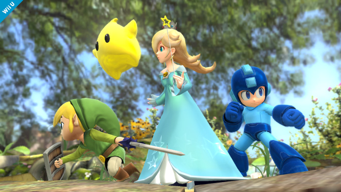 Archivo:Estela, Toon Link y Mega Man en el Vergel de la Esperanza SSB4 (Wii U).jpg