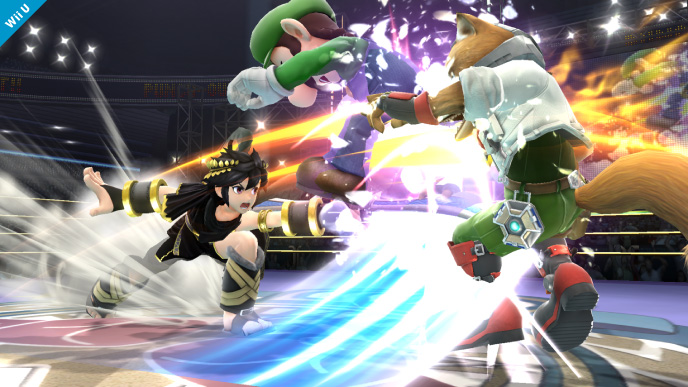 Archivo:Pit Sombrío atacando a Luigi y a Fox SSB4 (Wii U).jpg