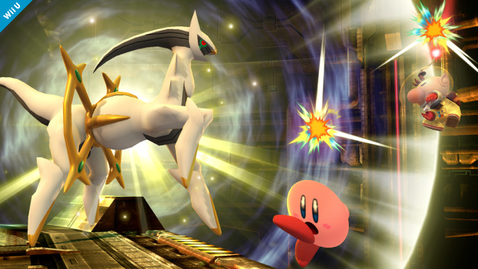 Archivo:Arceus atacando a Kirby y a Olimar SSB4 (Wii U).jpg