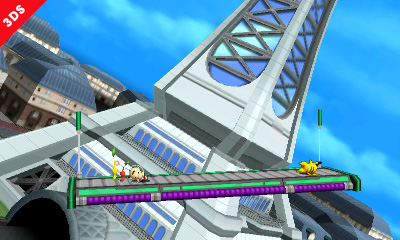 Archivo:Pikachu y Olimar elevandose hacia la parte alta de la Torre Prisma - (SSB. for 3DS).jpg