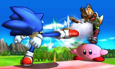 Archivo:Sonic usando su ataque normal contra Kirby y Fox en el Tren de los Dioses SSB4 (3DS).jpg