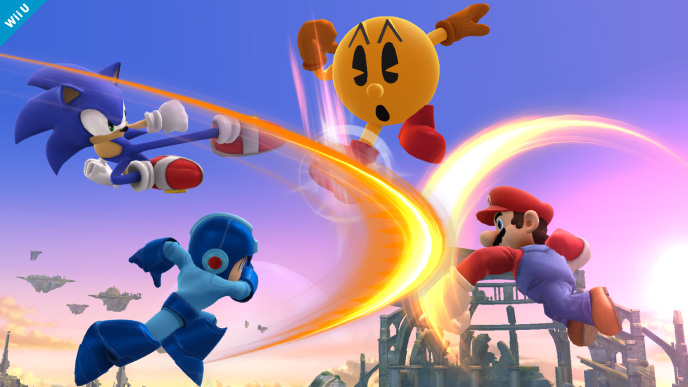 Archivo:Sonic, Mega Man, Pac-Man y Mario en el Campo de Batalla SSB4 (Wii U).jpg