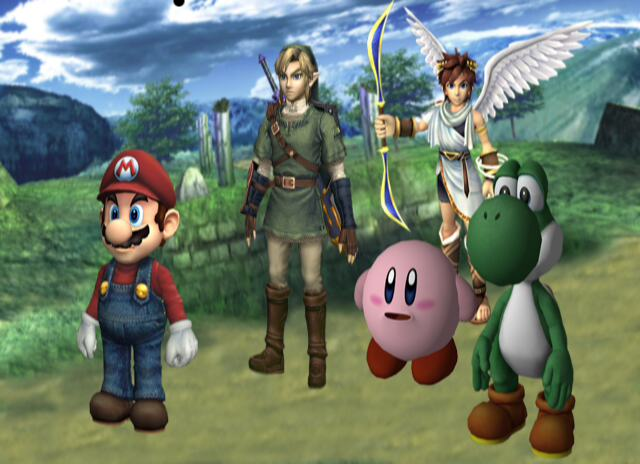 Archivo:Mario, Link, Kirby, Pit y Yoshi en el ESE Beta.png