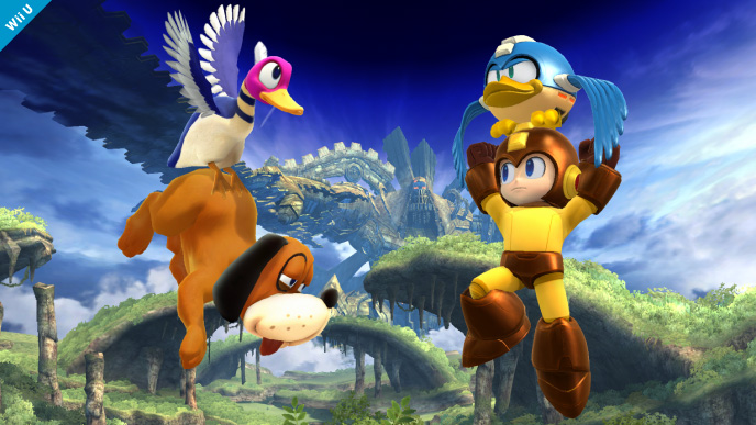 Archivo:El Dúo Duck Hunt junto Mega Man ayudado por Beat SSB4 (Wii U).jpg