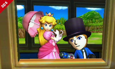 Archivo:Peach junto a un Mii Lanzador en el Tren de los Dioses SSB4 (3DS).jpg