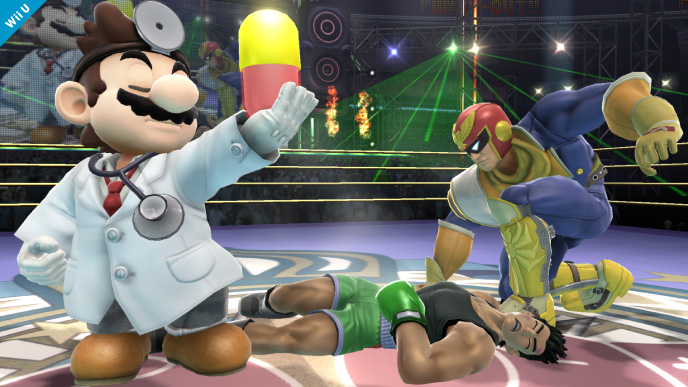 Archivo:Dr. Mario, Captain Falcon y Little Mac en el Cuadrilátero SSB4 (Wii U).jpg