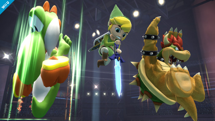 Archivo:Yoshi usando Pisotón junto a Bowser y su Bomba Bowser y Toon Link con su aéreo hacia abajo SSB4 (Wii U).png