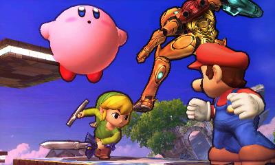 Archivo:Kirby, Samus, Toon Link y Mario en el Campo de Batalla SSB4 (3DS).jpg