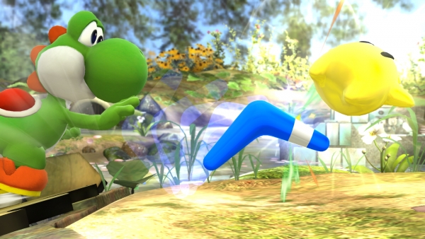 Archivo:Bumeran azul junto a Yoshi y Destello en Vergel de la esperanza SSB4 (Wii U).jpg