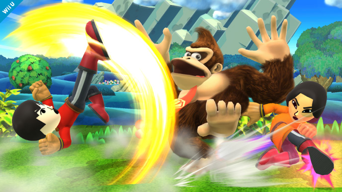 Archivo:Donkey Kong junto a dos Miis Karateka en el Reino Champiñón U SSB4 (Wii U).jpg
