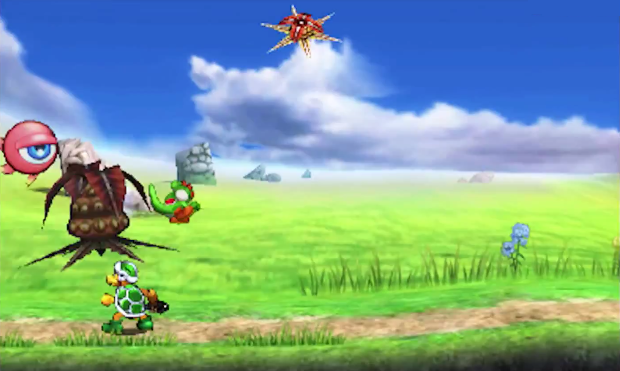 Archivo:Yoshi y algunos enemigos en Smashventura SSB4 (3DS).png