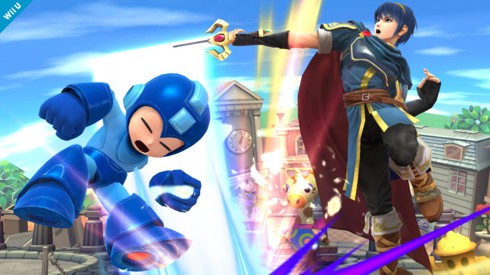 Archivo:Marth atacando a Mega Man con un Tajo Delfin - (SSB. for Wii U).jpg
