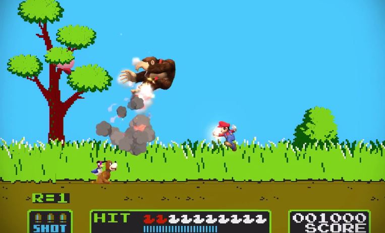 Archivo:Mario, Donkey Kong y el Dúo Duck Hunt en el escenario Duck Hunt SSB4 (Wii U) (2).jpg