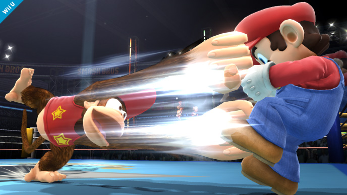 Archivo:Diddy Konk usando su ataque fuerte lateral contra Mario en el Ring de boxeo SSB4 (Wii U).jpg