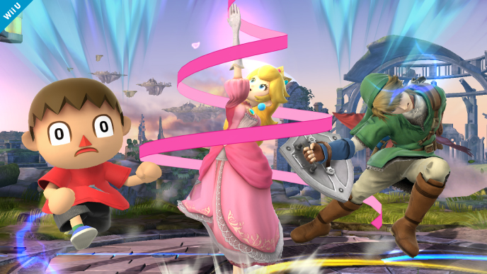Archivo:Aldeano, Peach y Link en el Campo de Batalla SSB4 (Wii U).jpg