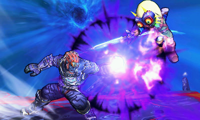 Archivo:Espadachín Mii con la Máscara de Majora y el traje de Link contra Ganondorf en Destino Final SSB4 (3DS).jpg