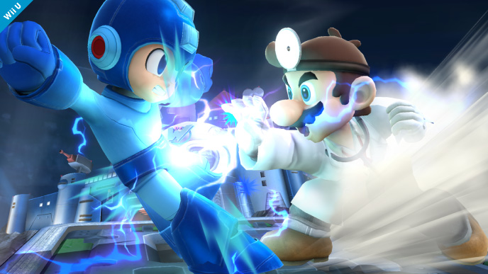 Archivo:Dr. Mario y Megaman en el Castillo de Wily SSB4 (Wii U).jpg
