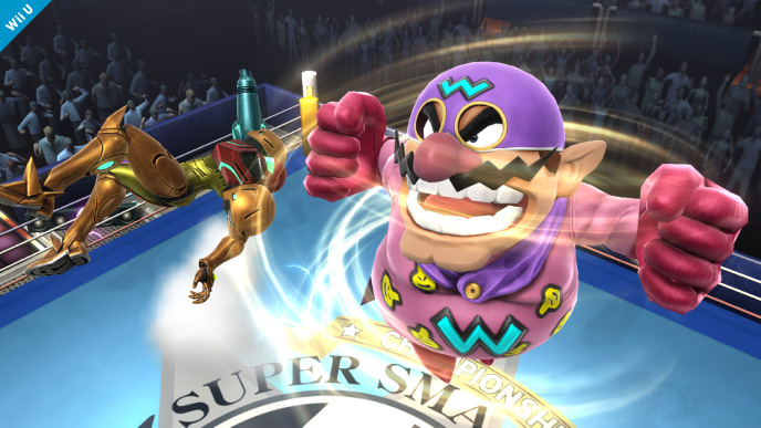 Archivo:Wario Man atacando a Samus en el Ring de Boxeo SSB4 (Wii U).jpg