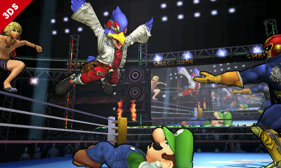 Archivo:Falco, Luigi, Shulk, Captain Falcon en el Cuadrilátero SSB4 (3DS).jpg
