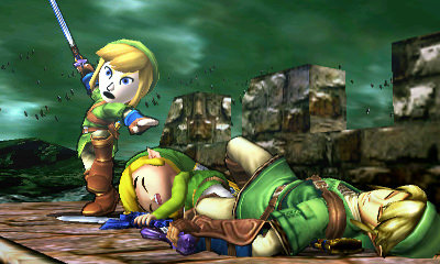 Archivo:Espadachín Mii con el gorro y el traje de Link junto con Link y Toon Link en el Bosque génesis SSB4 (3DS).jpg