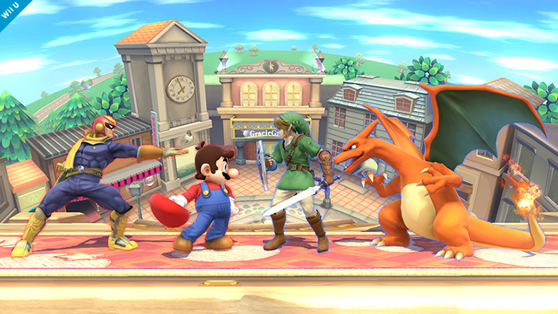 Archivo:Captain Falcon, Mario, Link y Charizard en una batalla por equipos SSB4 (Wii U).png