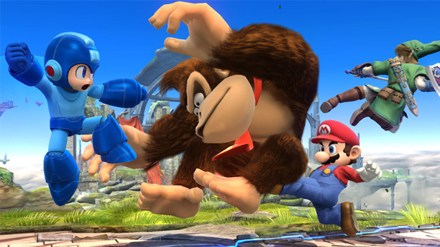 Archivo:Mega Man, DK, Link y Mario en el campo de batalla SSB4 (Wii U).jpg