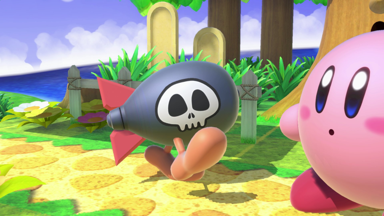 Archivo:Kirby junto a un Bomber en Prados Verdes SSBU.png
