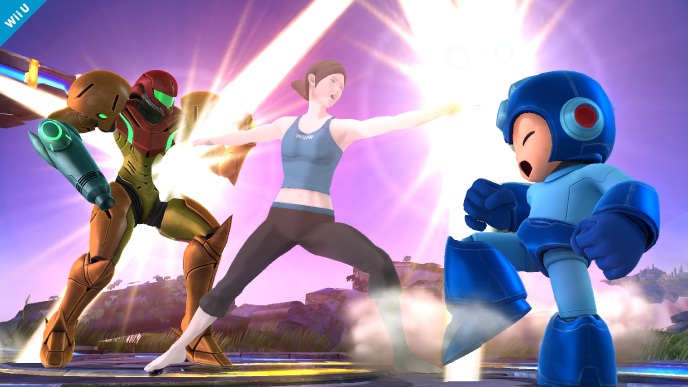 Archivo:Entrenadora de Wii Fit atacando a Samus y Mega Man SSB4 (Wii U).jpg