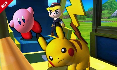 Archivo:Toon Link Kirby y Pikachu en el Tren de los Dioses SSB4 (3DS).jpg