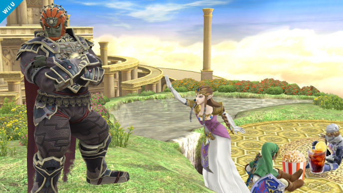 Archivo:Ganondorf, Zelda, Link y Sheik en el Reino del Cielo SSB4 (Wii U).jpg