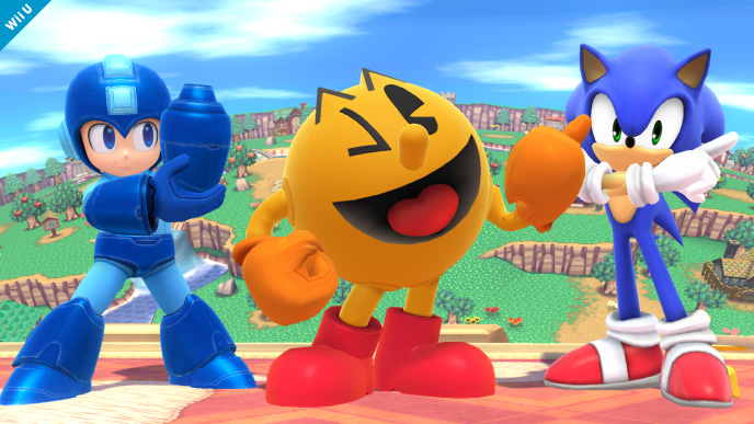 Archivo:Mega Man, Pac-Man y Sonic en Sobrevolando el Pueblo SSB4 (Wii U).jpg