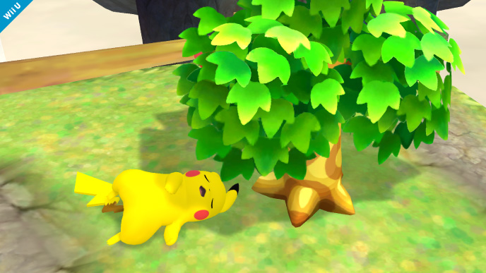 Archivo:Pikachu descansando bajo el árbol del Aldeano SSB4 (Wii U).jpg