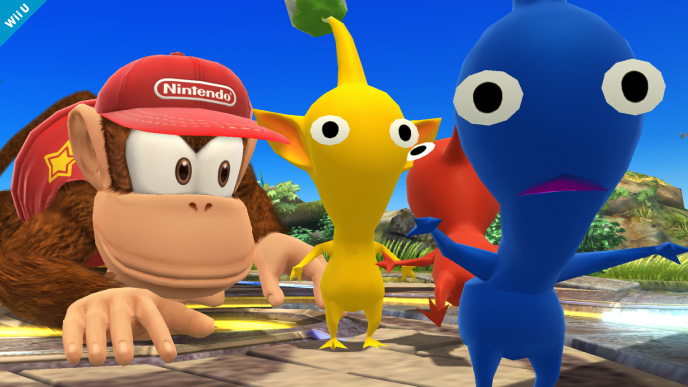 Archivo:Diddy Kong y dos Pikmin en Altárea SSB4 (Wii U).jpg