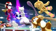 Mewtwo y cuatro Luchadores Mii en el Estadio Pokémon 2.