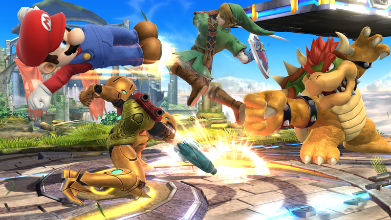 Archivo:Mario, Link, Bowser y Samus en el Campo de Batalla SSB4 (Wii U).png