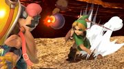Link niño lanzándole una Bomba a Wario en Super Smash Bros. Ultimate.