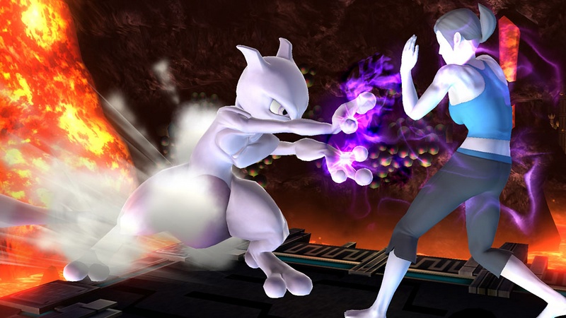 Archivo:Mewtwo y la Entrenadora de Wii Fit en Norfair SSB4 (Wii U).jpg
