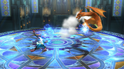 Mega Lucario atacando a Charizard en la Liga Pokémon de Kalos.