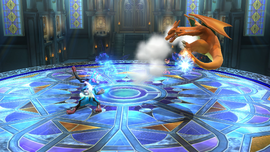 Mega-Lucario atacando a Charizard en Liga Pokémon de Kalos.