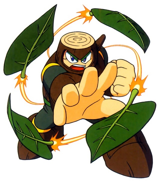 Archivo:Artwork de Wood Man usando el Leaf Shield en Mega Man 2.jpg