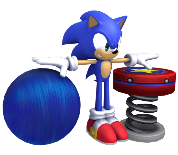 Archivo:Pose T y de ataque de Sonic junto con el modelo del Muelle SSB4 (Wii U).png