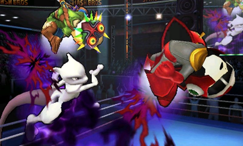 Archivo:Mewtwo y dos Luchadores Mii con atuendos de DLC en el Cuadrilátero SSB4 (3DS).jpg