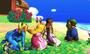 Samus Zero, Peach y Zelda junto a Luigi en la Isla Tórtimer.