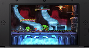 Shotzo (parte inferior izquierda) en el modo Smashventura de Super Smash Bros. for Nintendo 3DS.