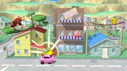 Donkey Kong, Kirby, Pikachu y Yoshi en Onett SSB4 (Wii U).jpg