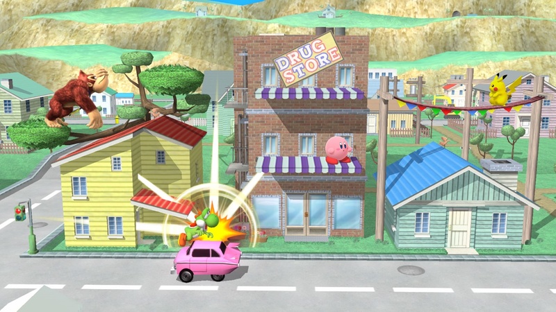 Archivo:Donkey Kong, Kirby, Pikachu y Yoshi en Onett SSB4 (Wii U).jpg