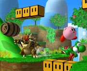 Bowser luchando contra Kirby y Yoshi en el escenario en Super Smash Bros. Melee.