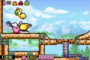 Kirby absorbiendo enemigos en Kirby y el Laberinto de los Espejos.