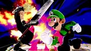 Luigi atacando a Cloud con su Supersalto Puñetazo.