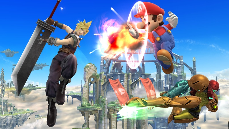 Archivo:Cloud, Mario y Samus en el Campo de batalla SSB4 (Wii U).jpg
